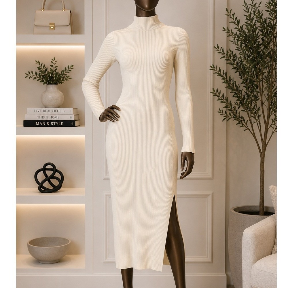 LBLC Women Midi Dress Ribbed Open Back Side Slit Cream XS